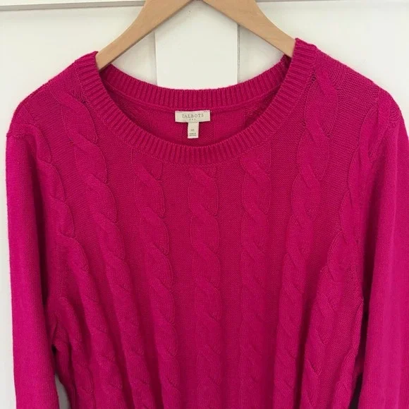 Talbots Women's Sweater Cable Knit Crewneck Hot Pink Cotton Chunky Preppy XL - Picture 2 of 9